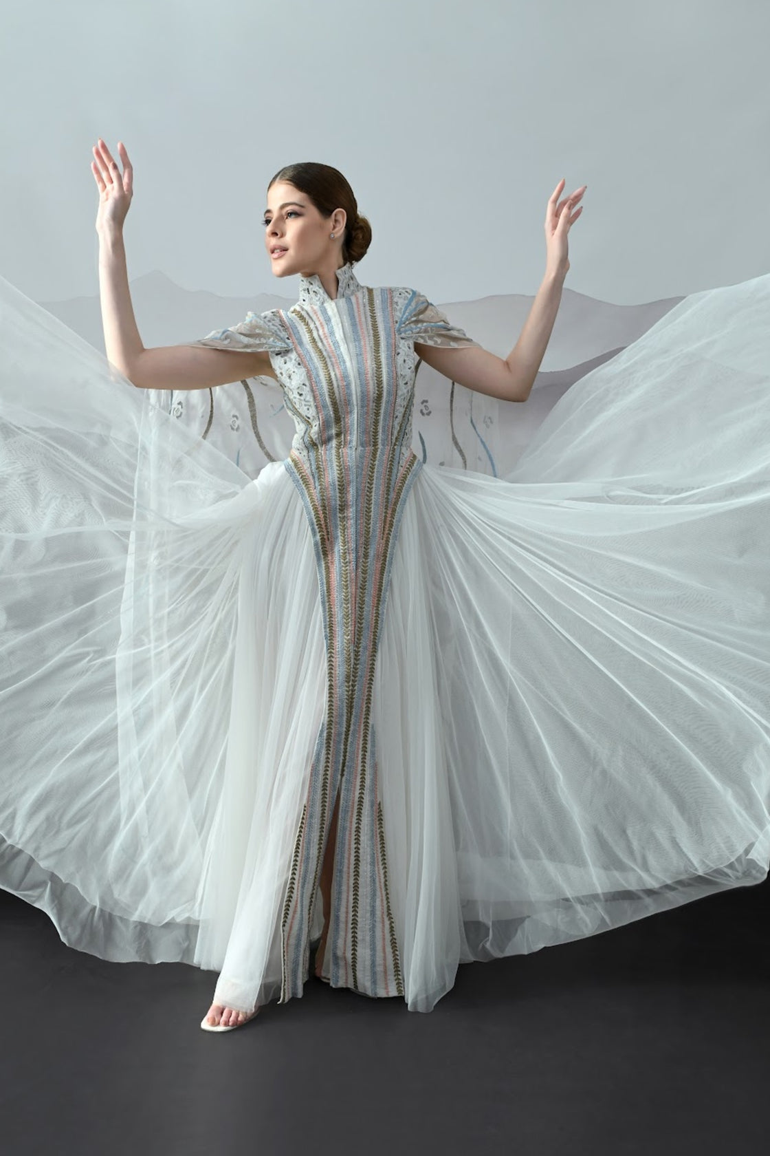 Ivory Gown With Artisanal Stripe Embroidery And Translucent Overlay