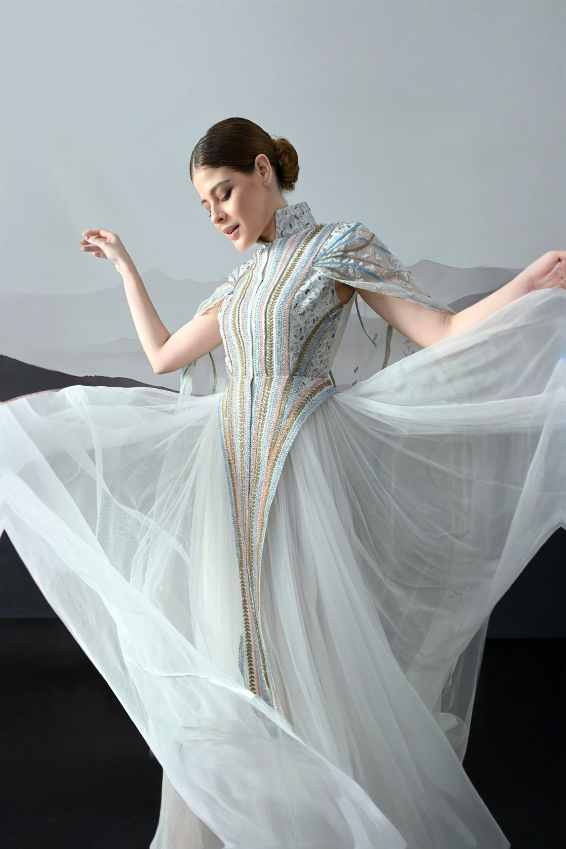 Ivory Gown With Artisanal Stripe Embroidery And Translucent Overlay