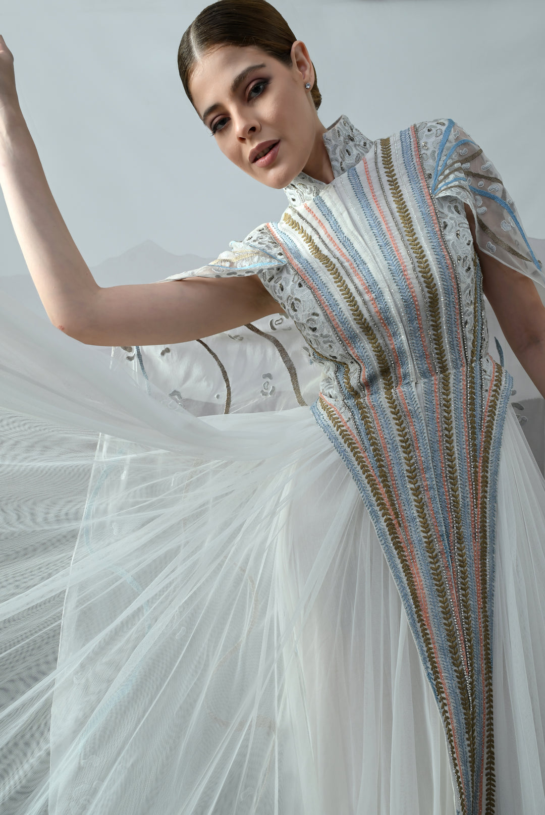 Ivory Gown With Artisanal Stripe Embroidery And Translucent Overlay