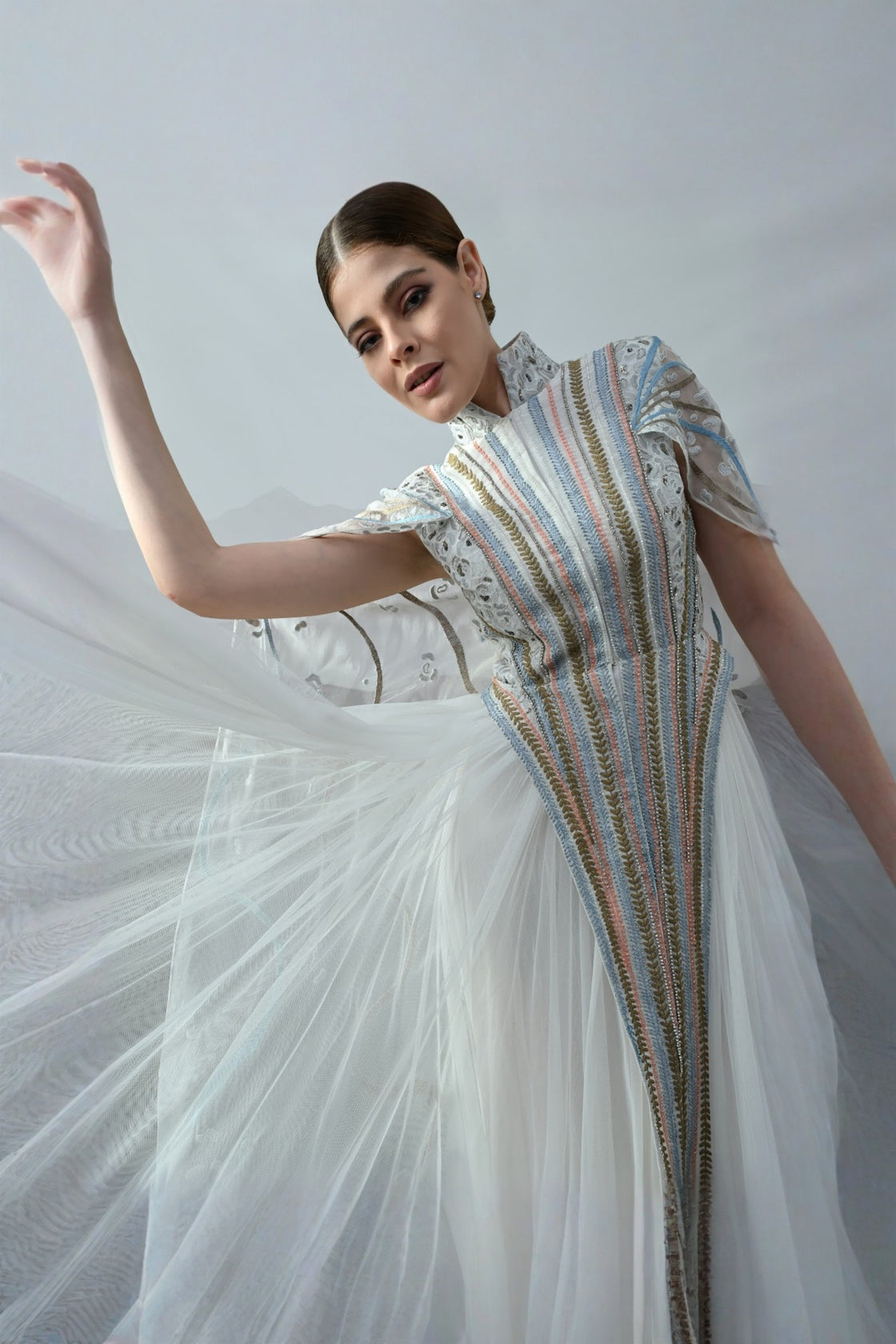 Ivory Gown With Artisanal Stripe Embroidery And Translucent Overlay