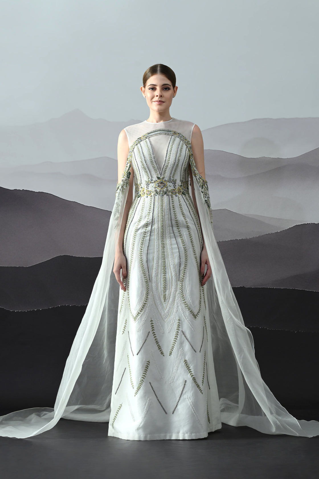 Ivory Gown With Handworked Geometric Florals