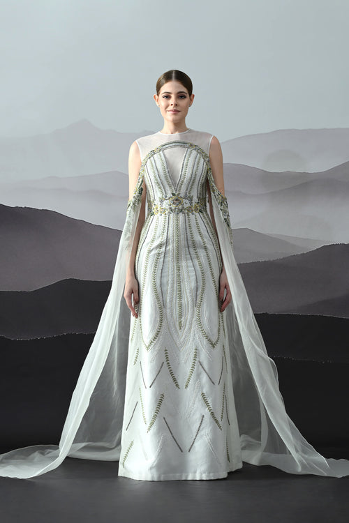 Ivory Gown With Handworked Geometric Florals