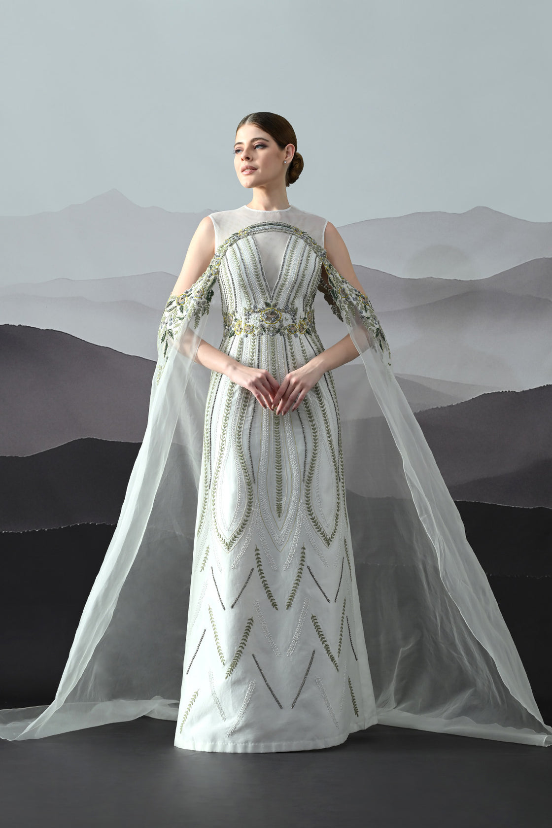 Ivory Gown With Handworked Geometric Florals
