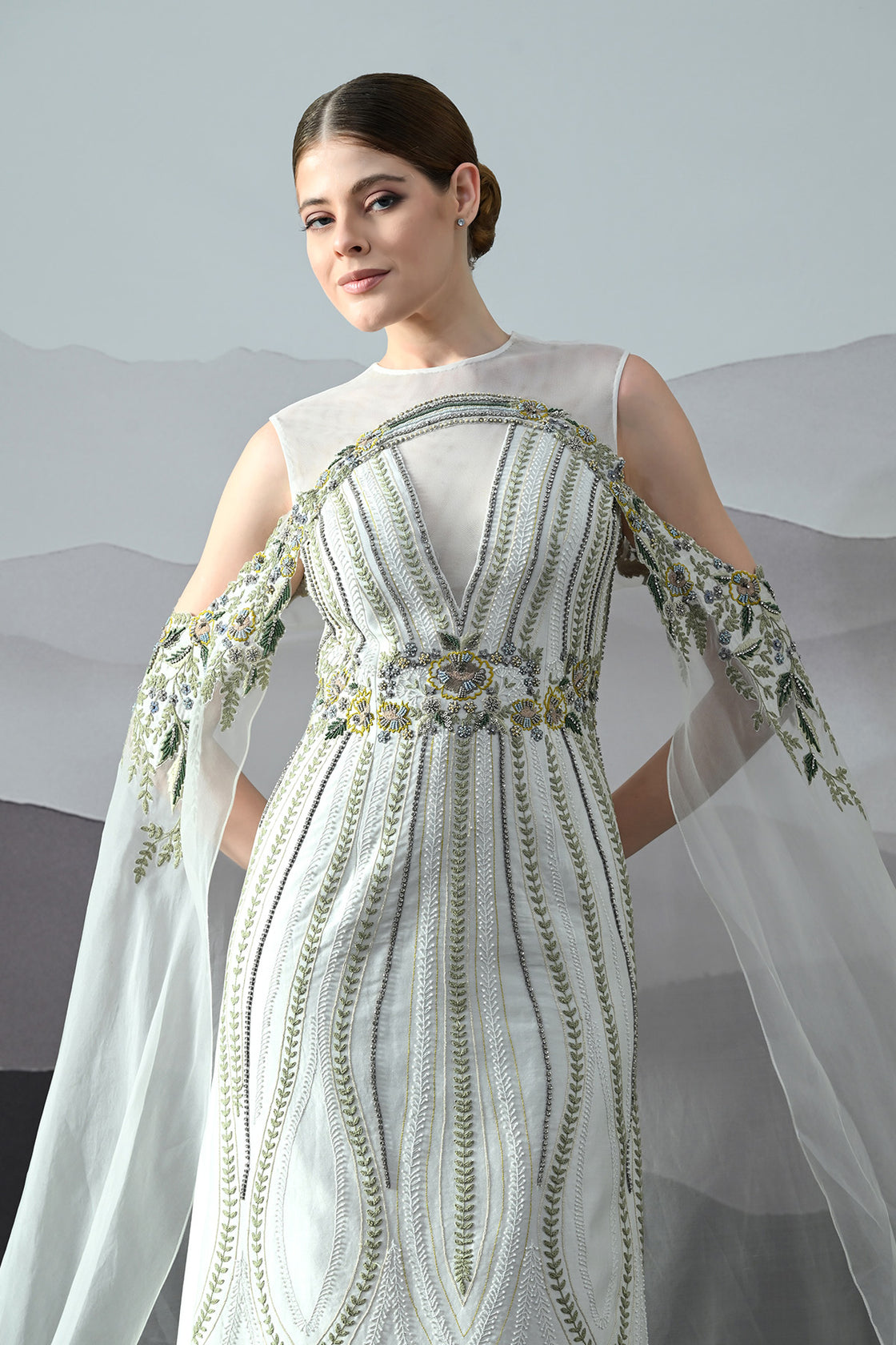 Ivory Gown With Handworked Geometric Florals