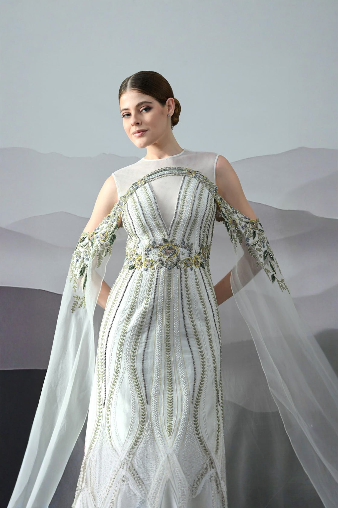 Ivory Gown With Handworked Geometric Florals