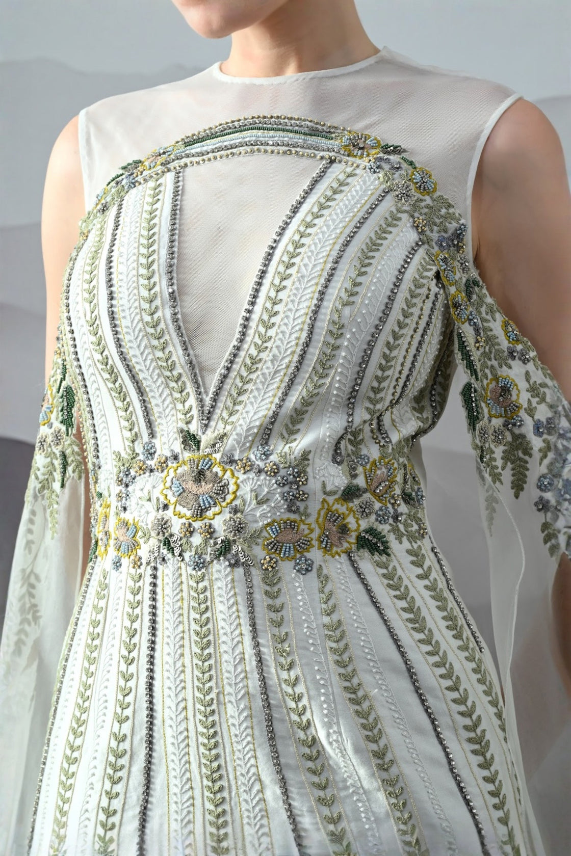 Ivory Gown With Handworked Geometric Florals