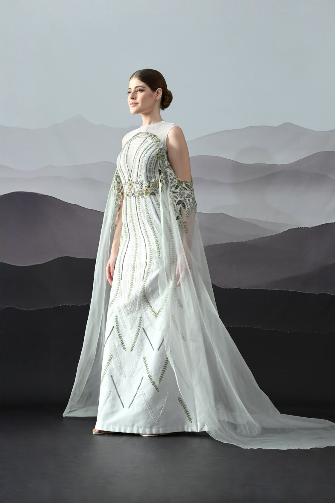 Ivory Gown With Handworked Geometric Florals