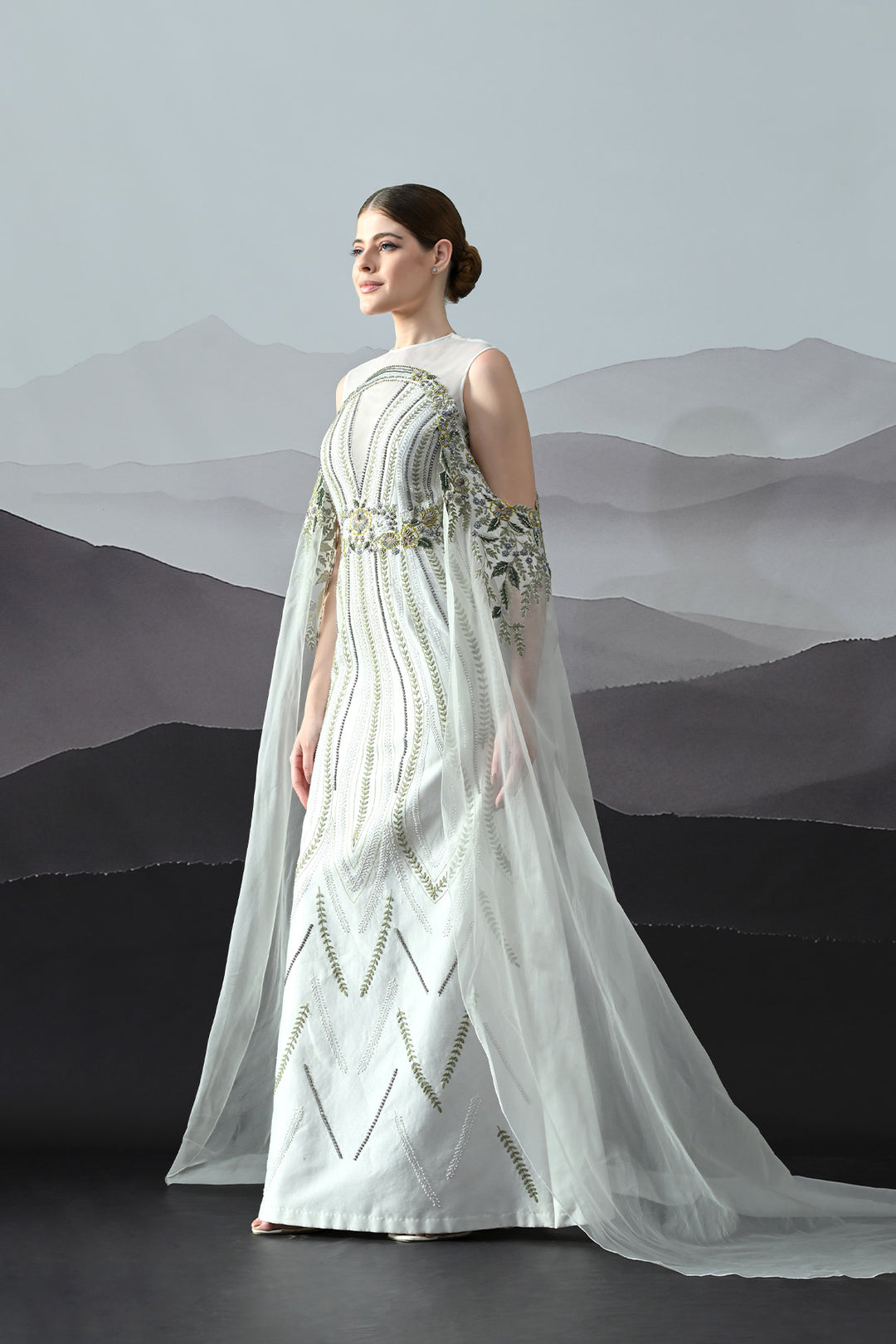 Ivory Gown With Artisanal Stripe Embroidery And Translucent Overlay