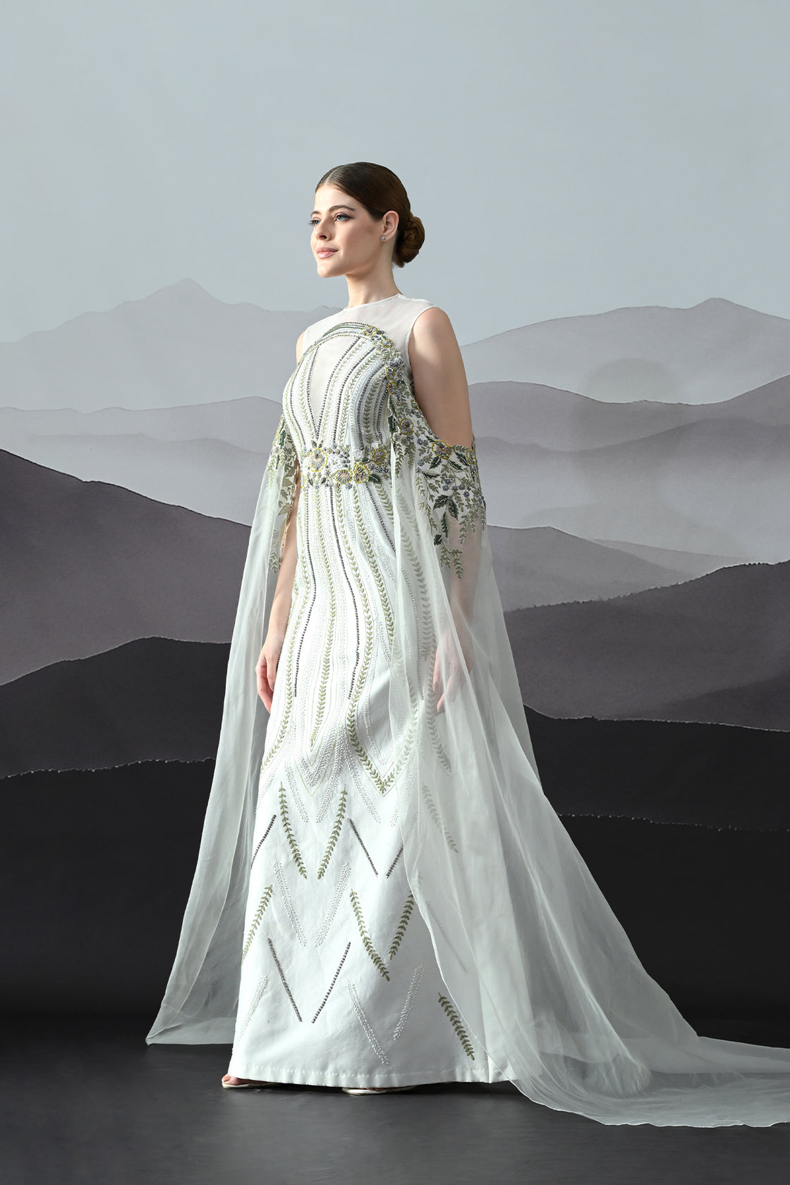 Ivory Gown With Handworked Geometric Florals