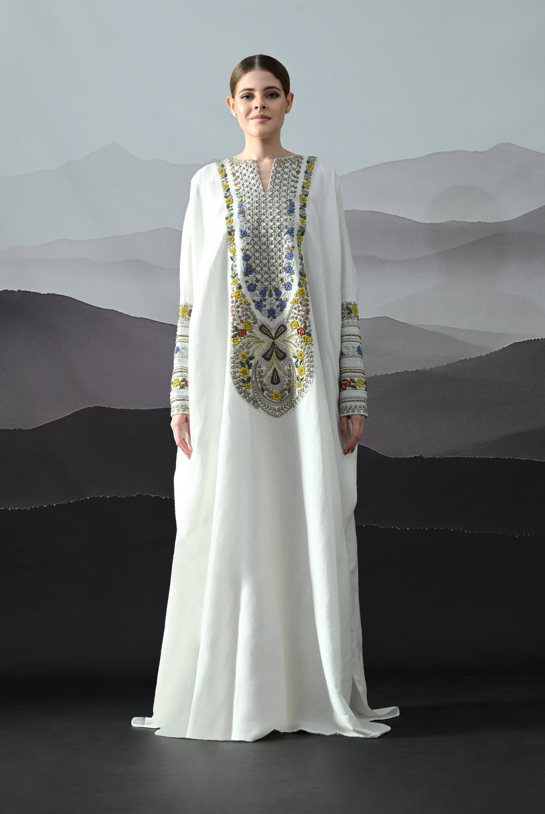 Ivory Kaftan with Hand-Embroidered Floral Work and Geometric Borders