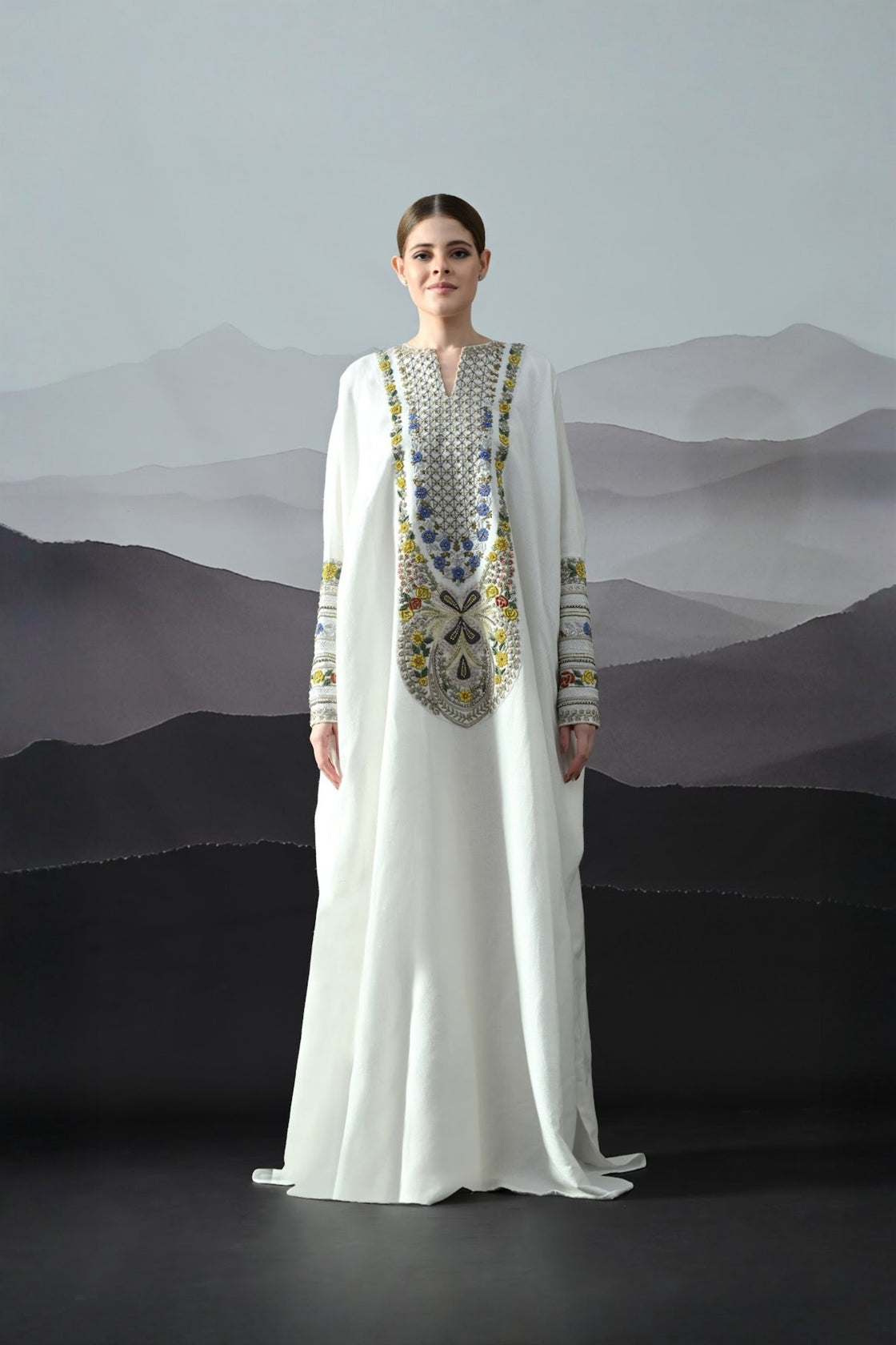 Ivory Kaftan With Hand-Embroidered Floral Work And Geometric Borders
