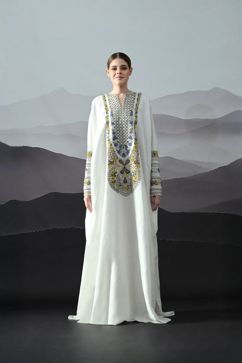 Ivory Kaftan With Hand-Embroidered Floral Work And Geometric Borders