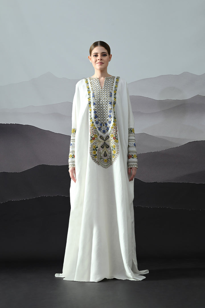 Ivory Kaftan With Hand-Embroidered Floral Work And Geometric Borders