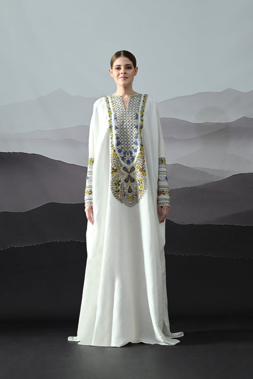 Ivory Kaftan With Hand-Embroidered Floral Work And Geometric Borders
