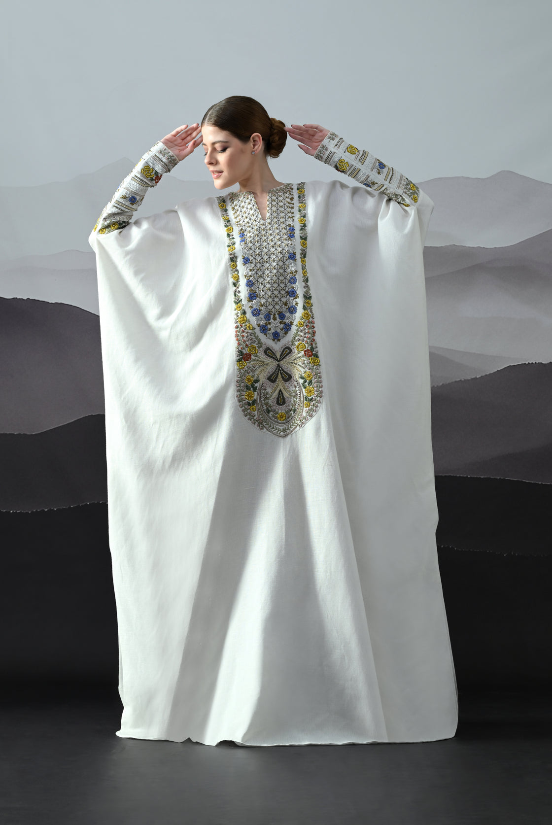 Ivory Kaftan with Hand-Embroidered Floral Work and Geometric Borders