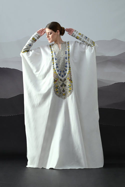 Ivory Kaftan with Hand-Embroidered Floral Work and Geometric Borders