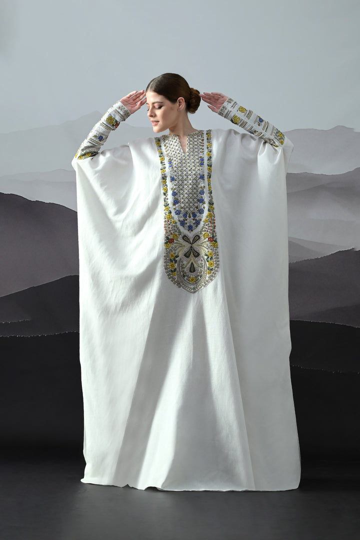 Ivory Kaftan With Hand-Embroidered Floral Work And Geometric Borders