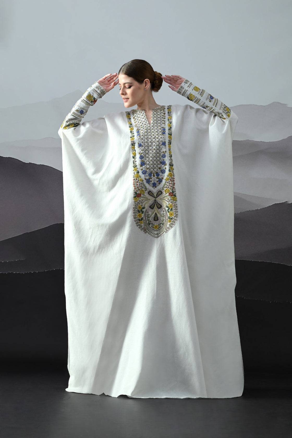 Ivory Kaftan With Hand-Embroidered Floral Work And Geometric Borders
