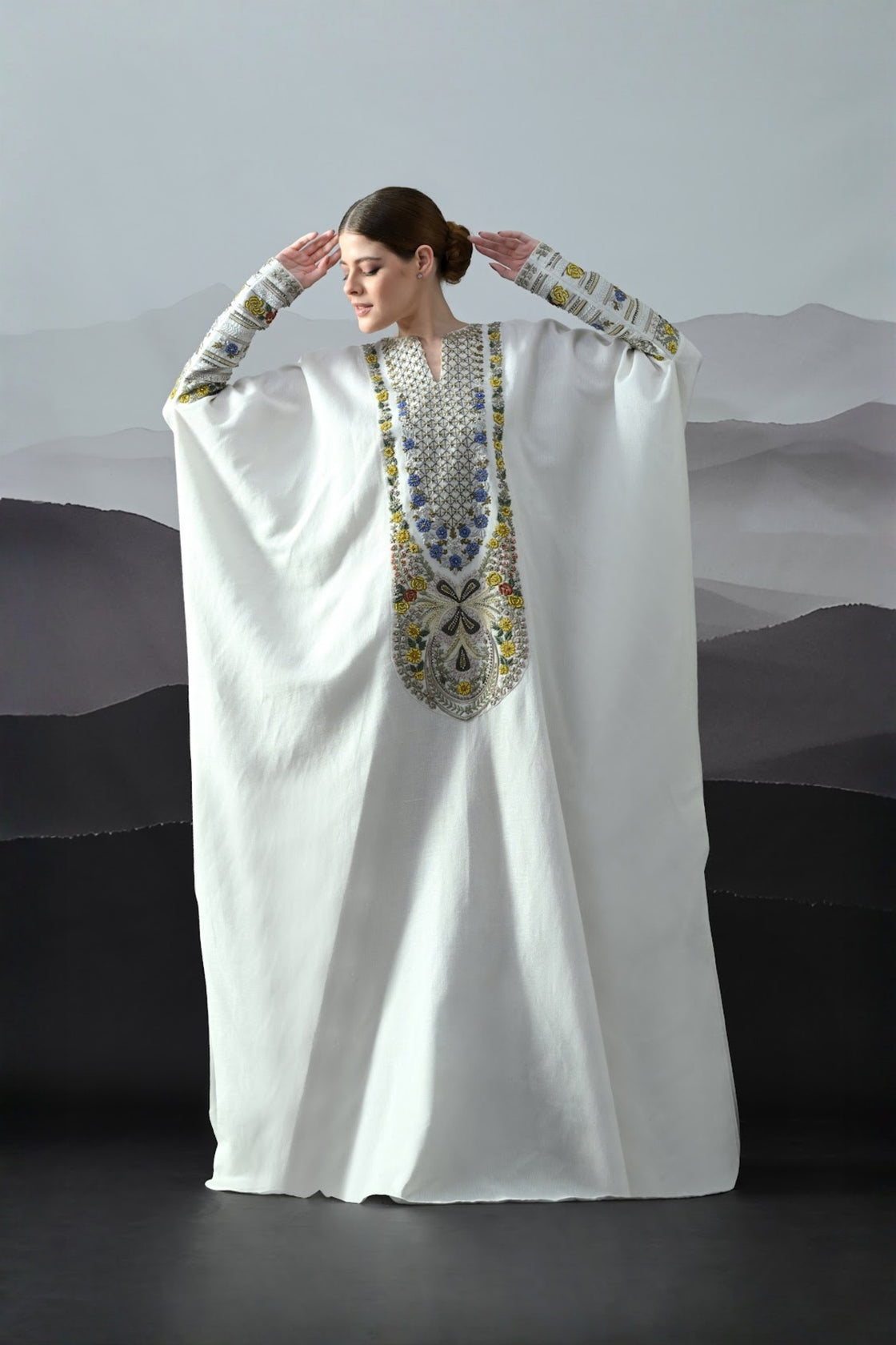 Ivory Kaftan With Hand-Embroidered Floral Work And Geometric Borders