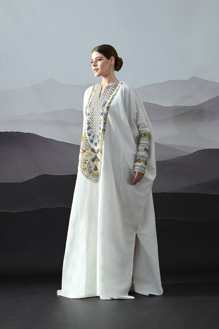 Ivory Kaftan With Hand-Embroidered Floral Work And Geometric Borders