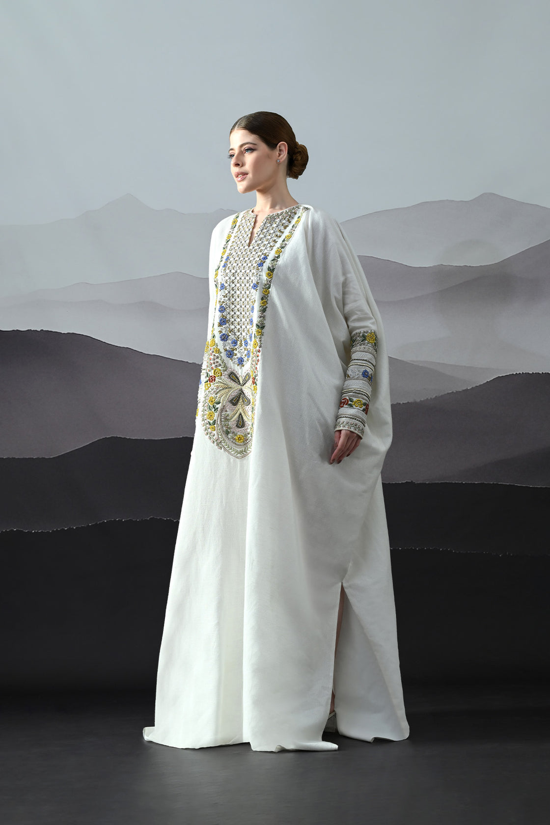 Ivory Kaftan With Hand-Embroidered Floral Work And Geometric Borders