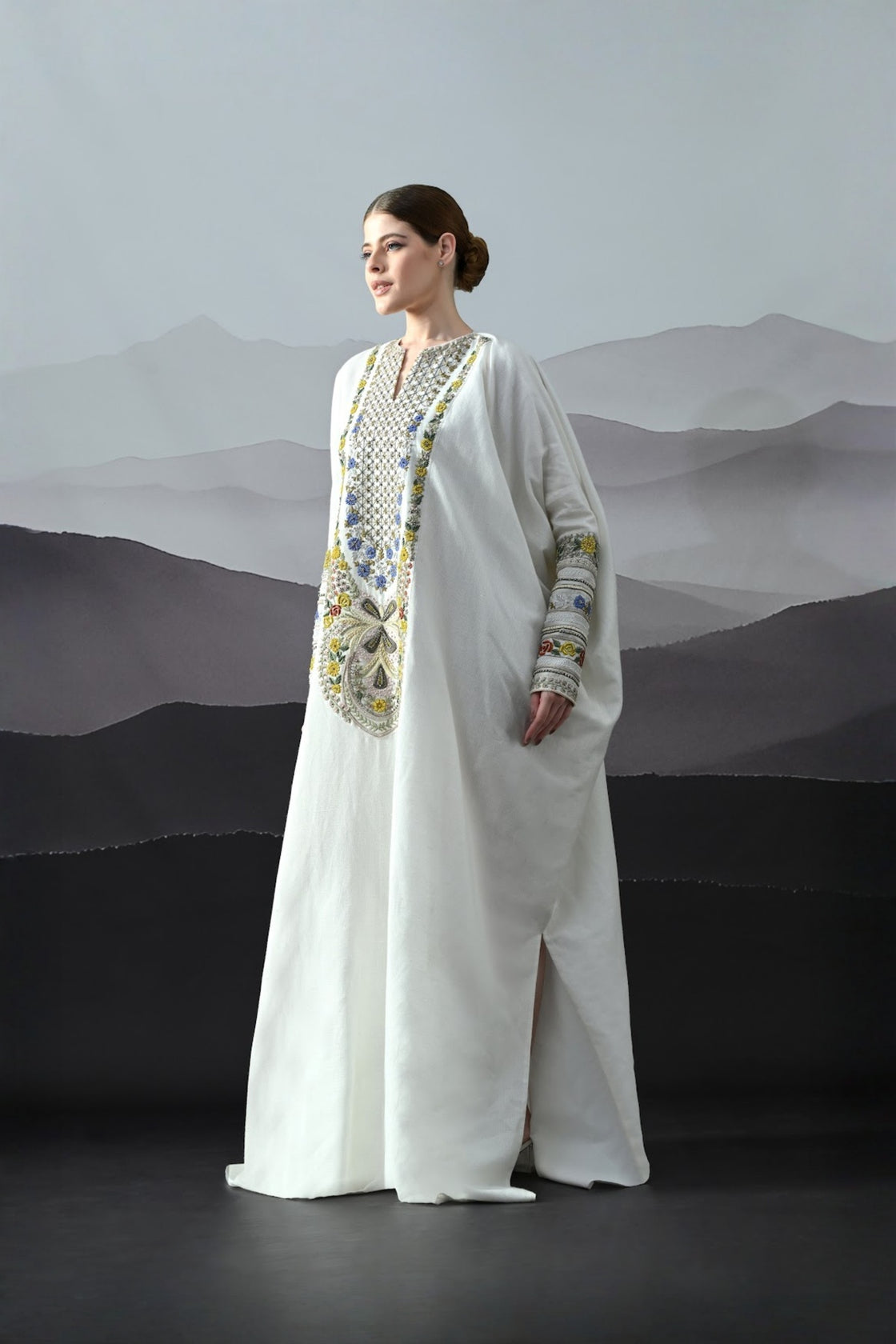 Ivory Kaftan With Hand-Embroidered Floral Work And Geometric Borders