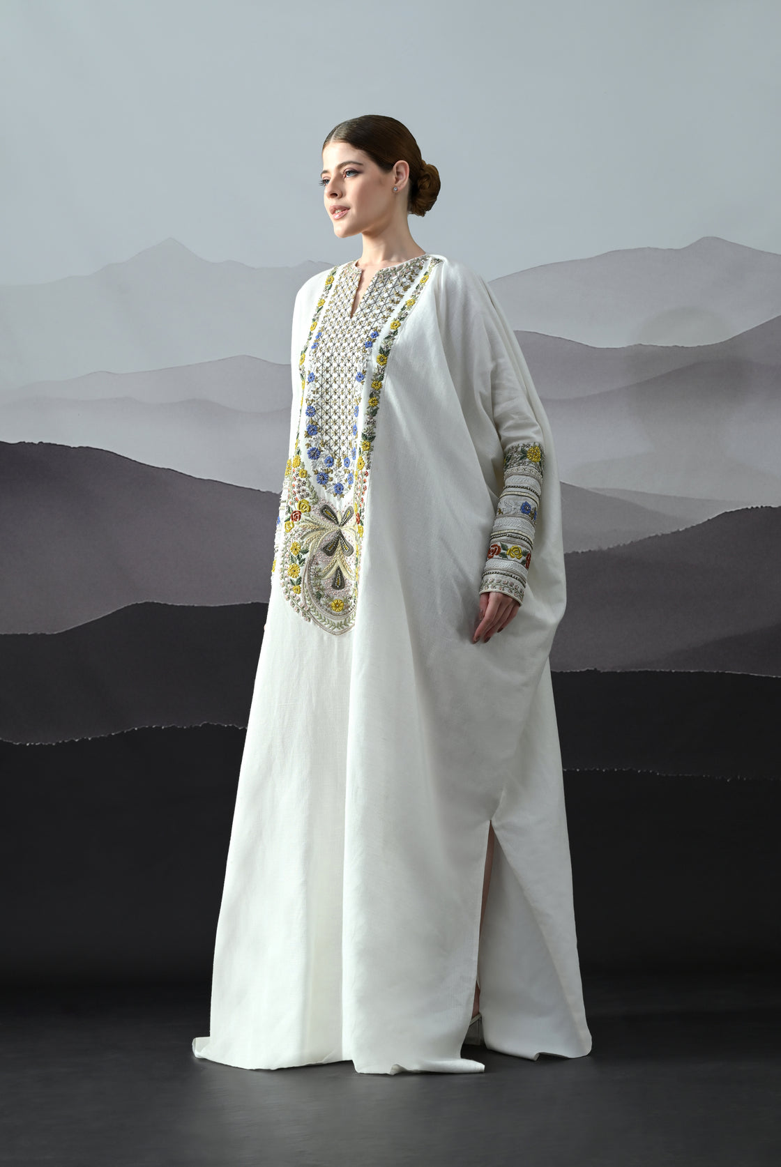 Ivory Kaftan with Hand-Embroidered Floral Work and Geometric Borders