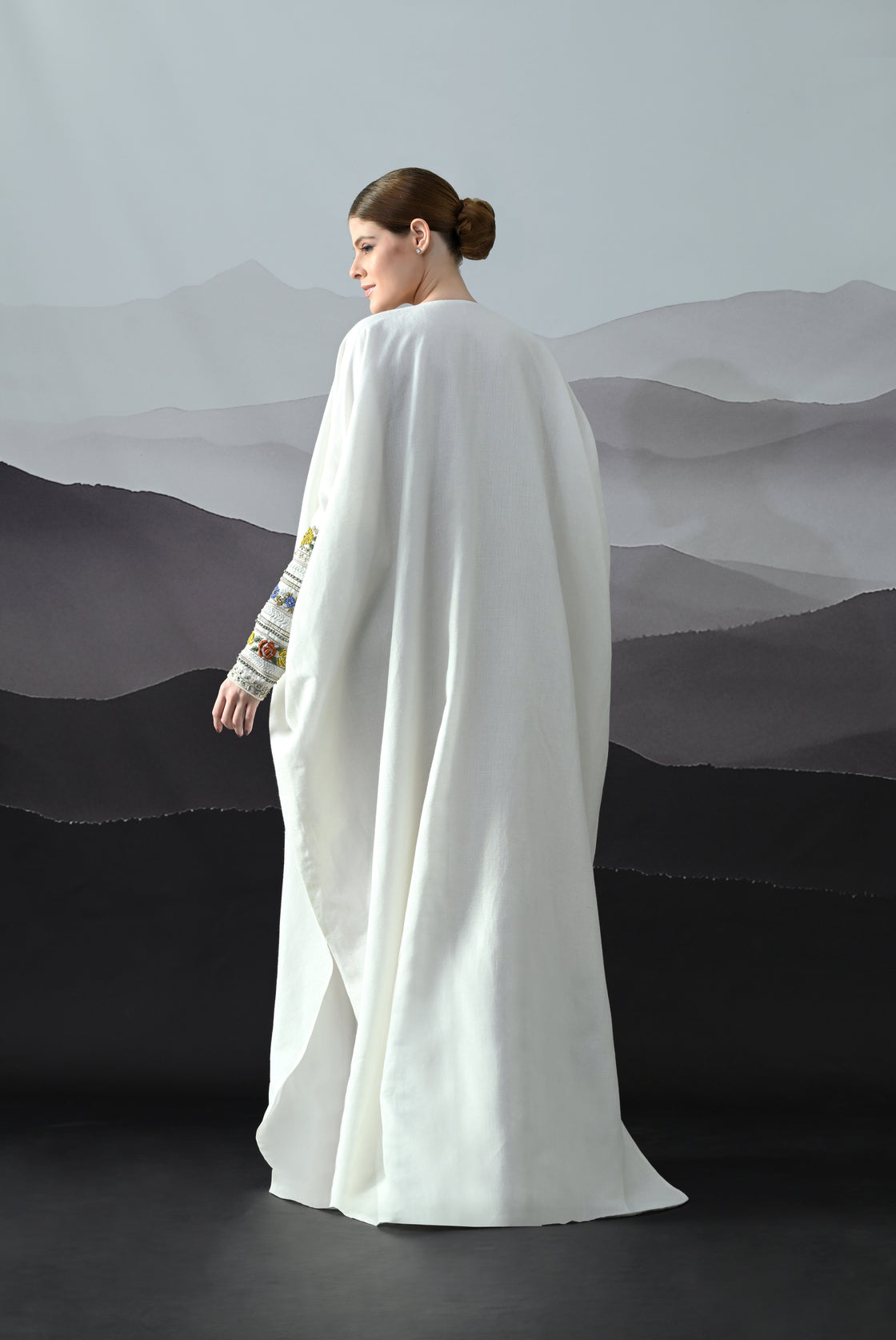 Ivory Kaftan with Hand-Embroidered Floral Work and Geometric Borders