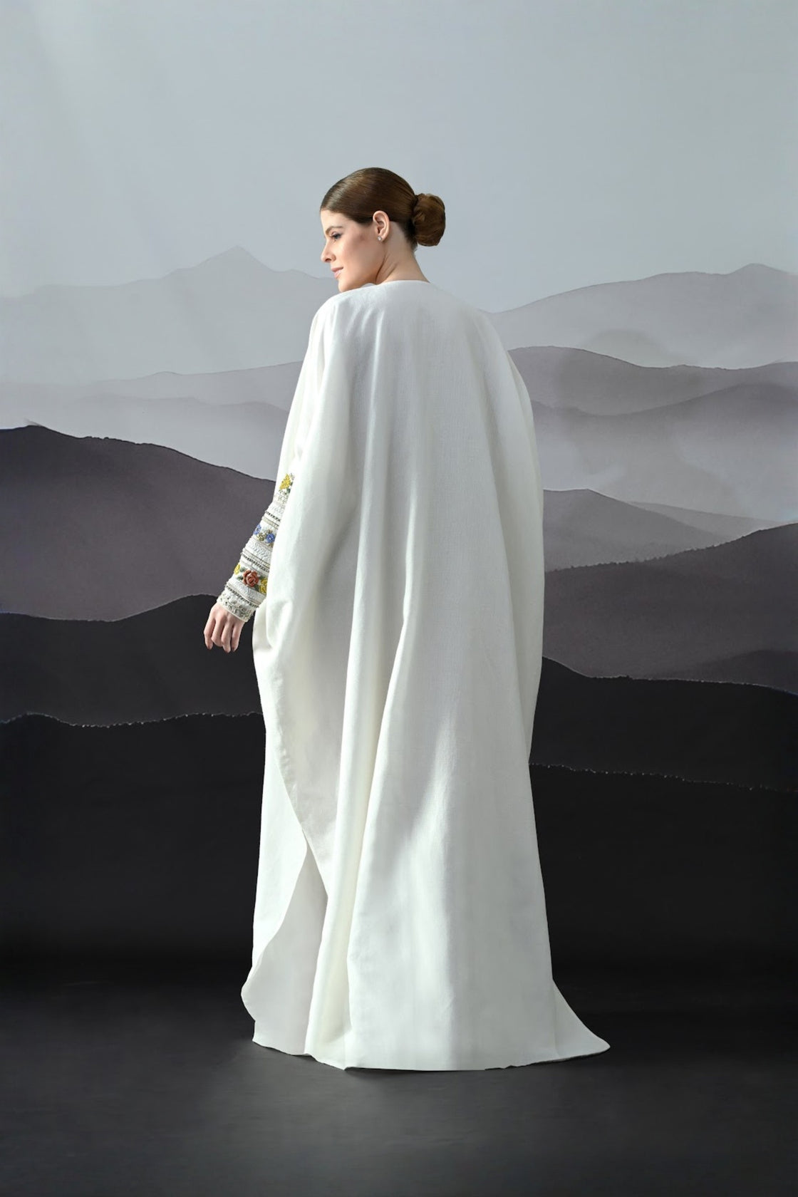 Ivory Kaftan With Hand-Embroidered Floral Work And Geometric Borders