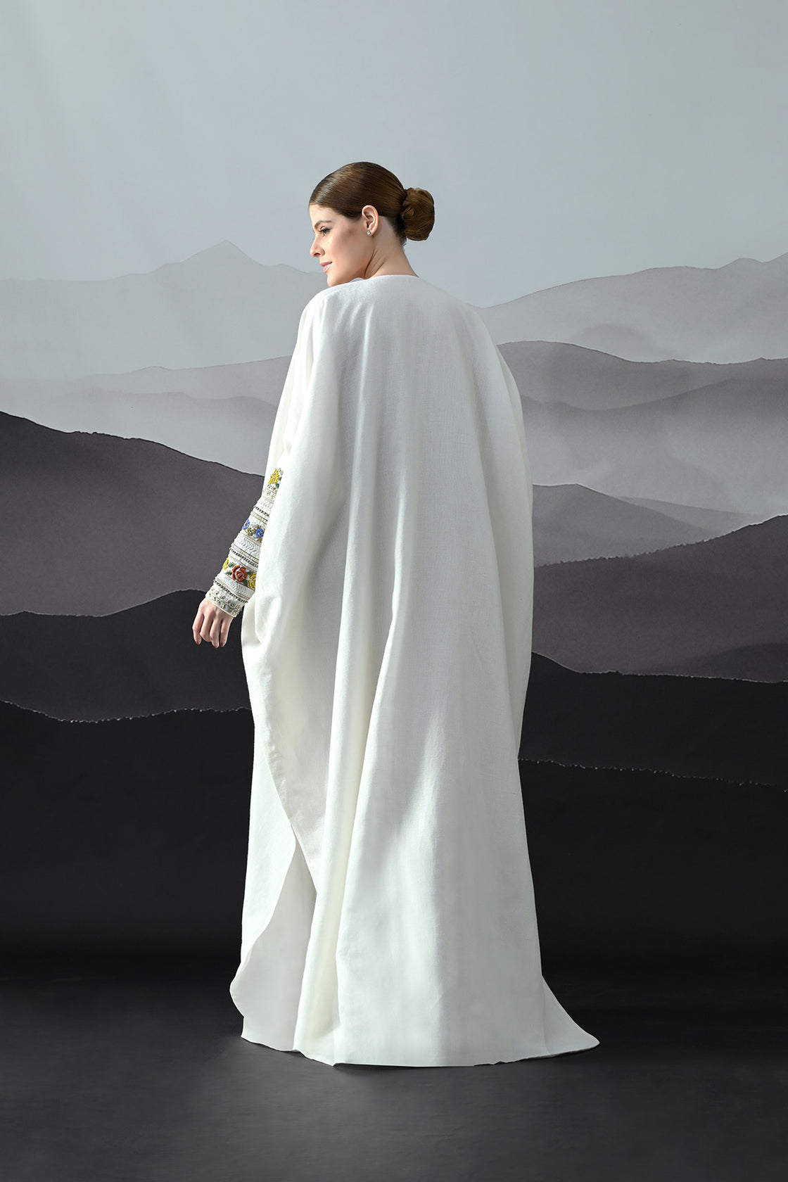 Ivory Kaftan With Hand-Embroidered Floral Work And Geometric Borders