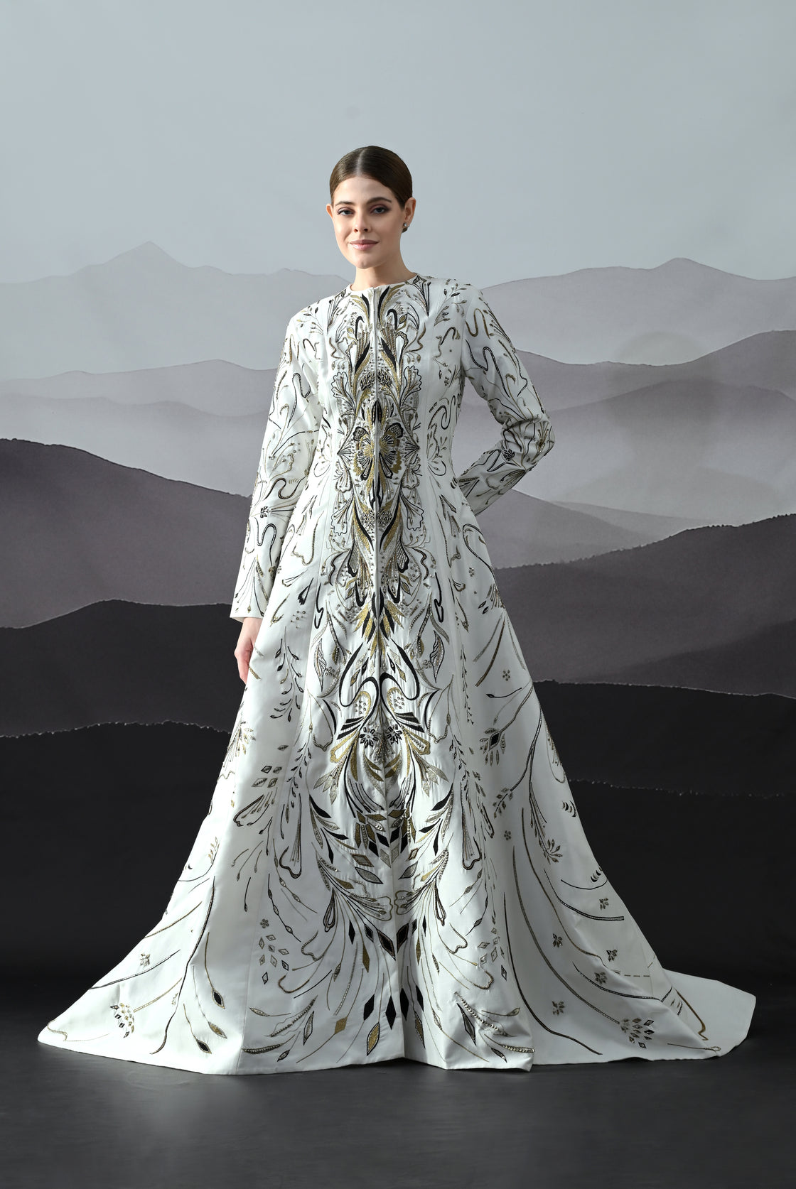 Elegant Ivory Full-Length Gown with Intricate Gold Embroidery