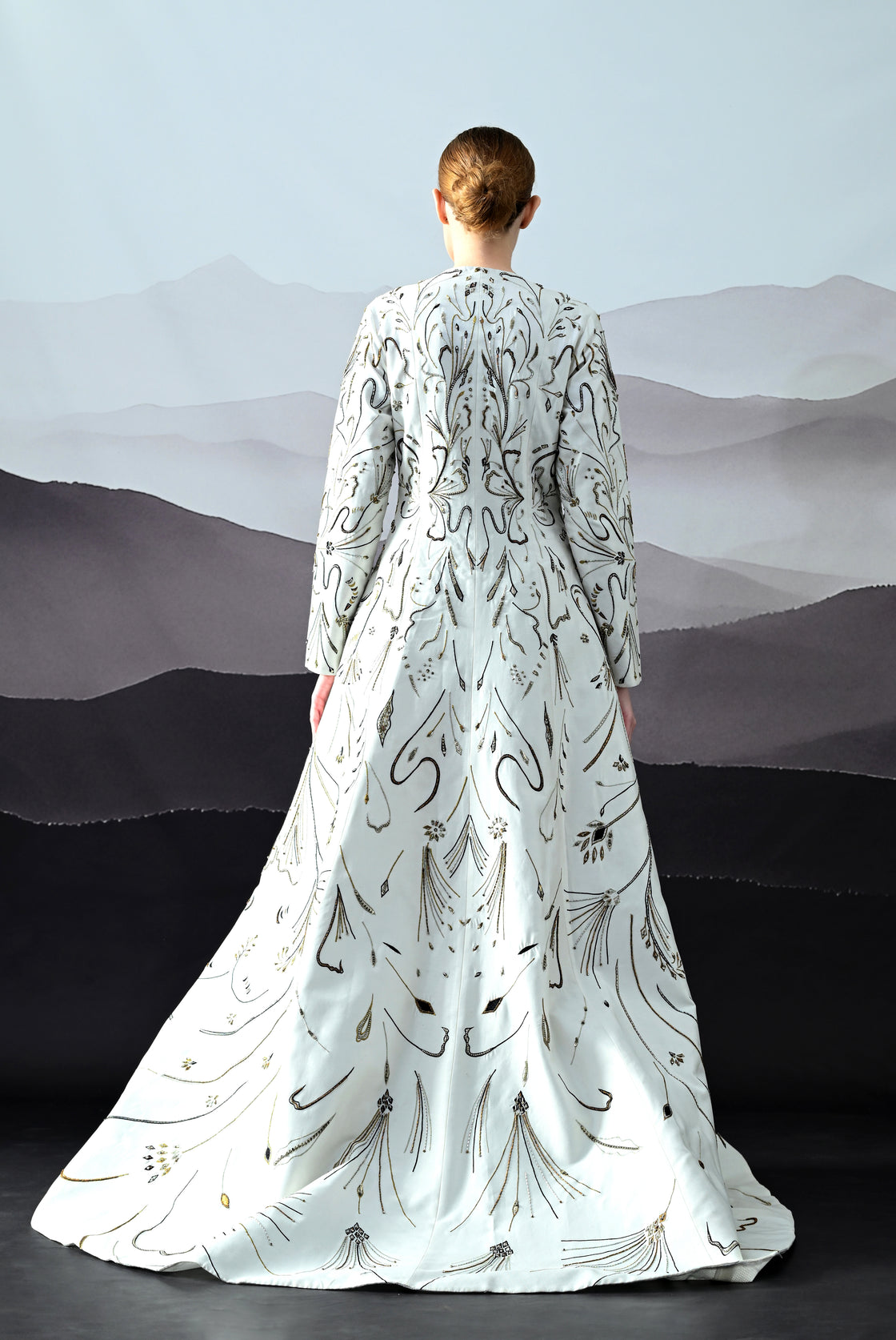 Elegant Ivory Full-Length Gown with Intricate Gold Embroidery