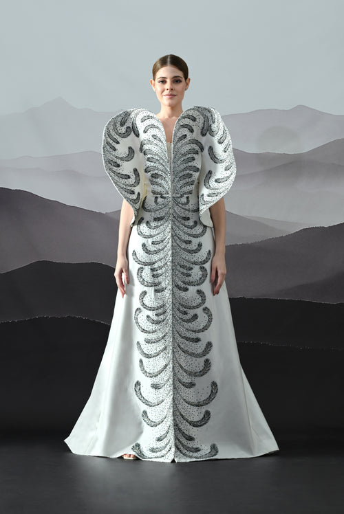 Ivory Gown with Hand-Embroidered Monochrome Motifs and Structured Silhouette