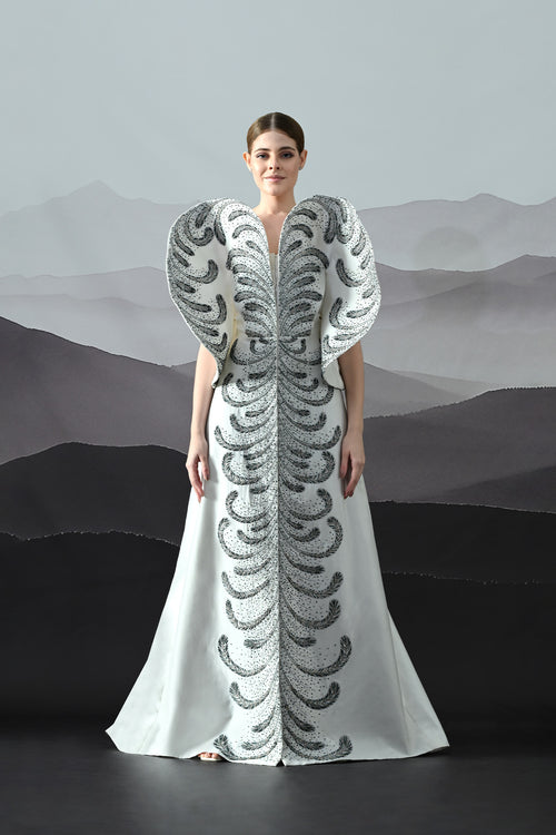 Ivory Gown With Hand-Embroidered Monochrome Motifs And Structured Silhouette