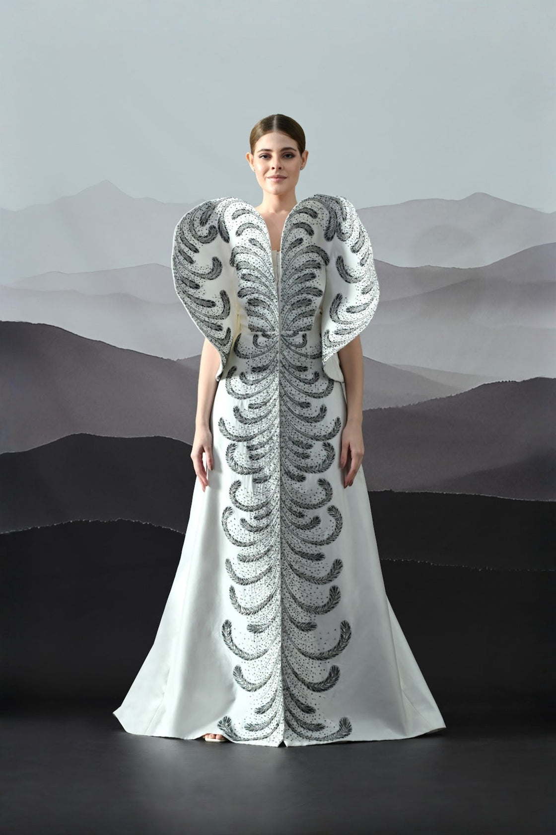 Ivory Gown With Hand-Embroidered Monochrome Motifs And Structured Silhouette