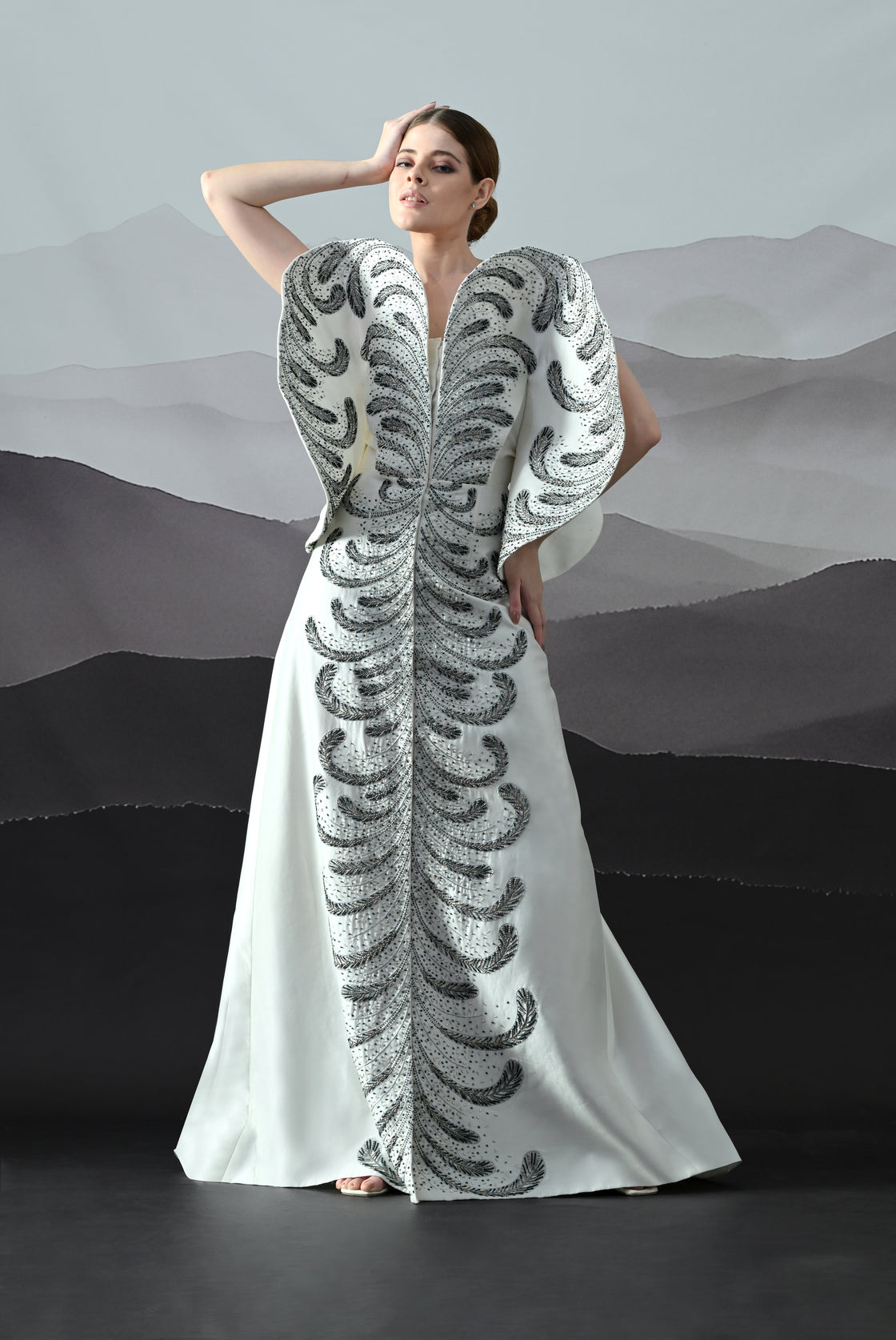 Ivory Gown with Hand-Embroidered Monochrome Motifs and Structured Silhouette