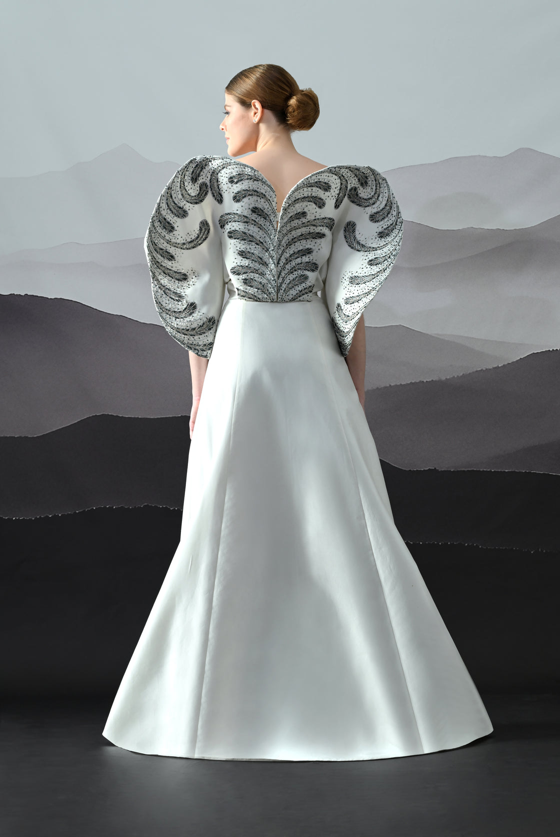 Ivory Gown with Hand-Embroidered Monochrome Motifs and Structured Silhouette