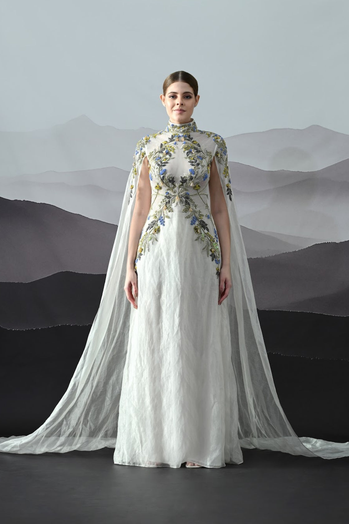 Ivory Gown With Hand-Embroidered Florals And Ethereal Overlay