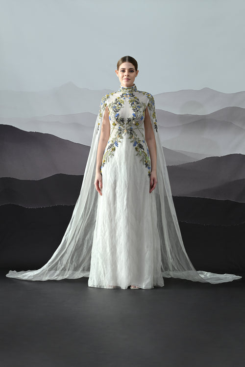 Ivory Gown with Hand-Embroidered Florals and Ethereal Overlay