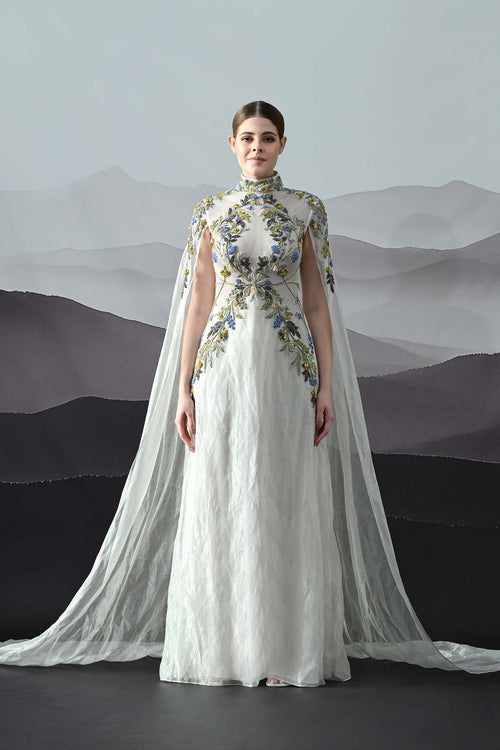 Ivory Gown With Hand-Embroidered Florals And Ethereal Overlay