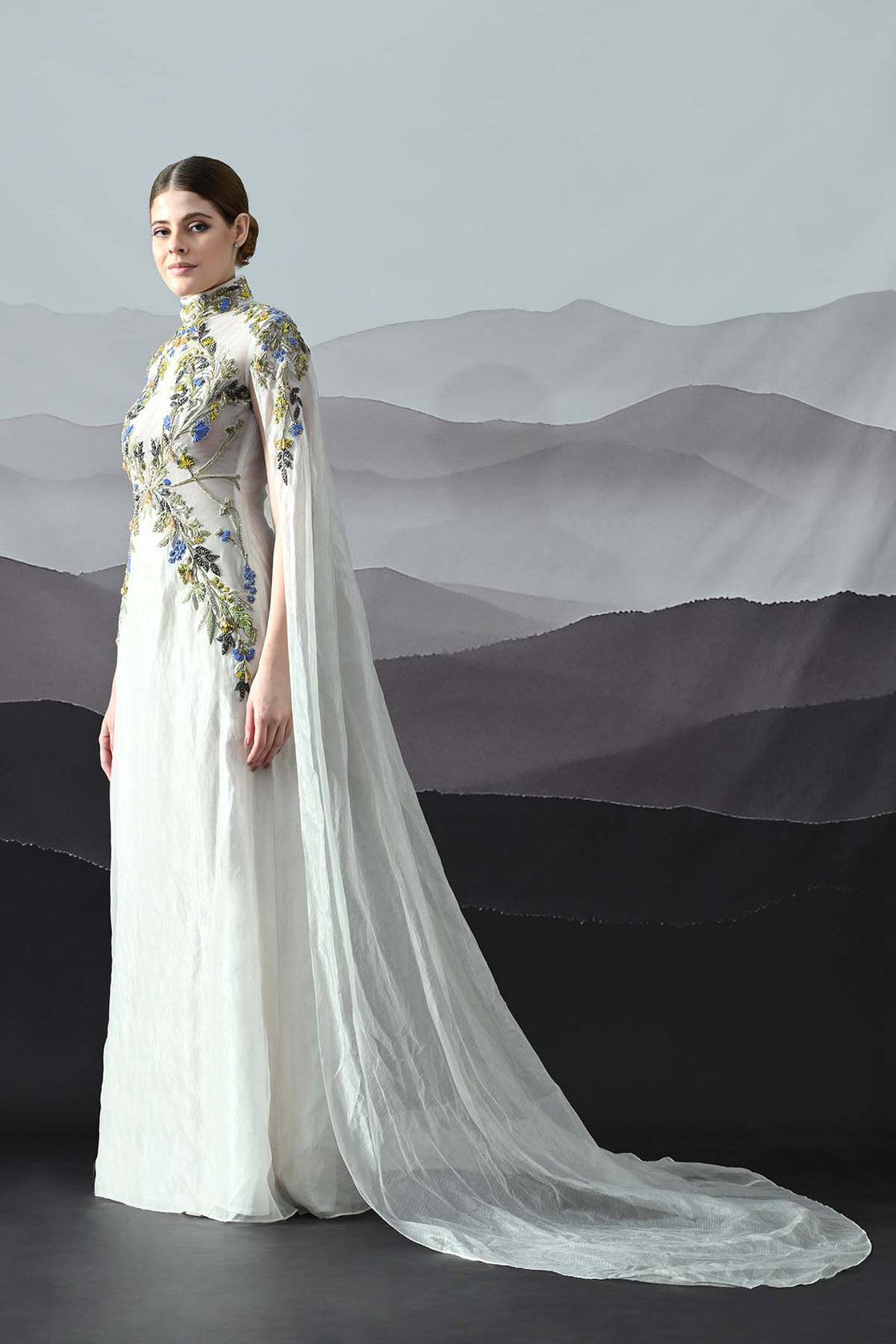 Ivory Gown With Hand-Embroidered Florals And Ethereal Overlay