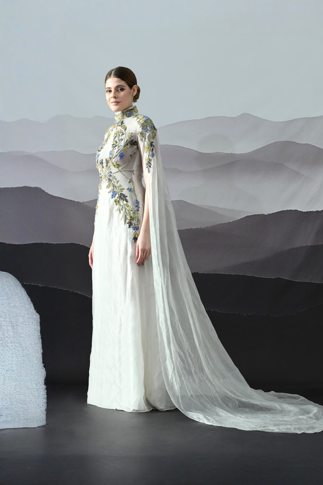 Ivory Gown With Hand-Embroidered Florals And Ethereal Overlay