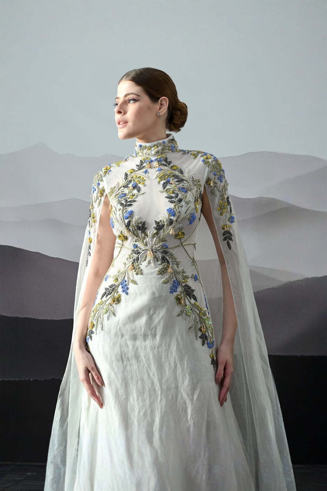 Ivory Gown With Hand-Embroidered Florals And Ethereal Overlay