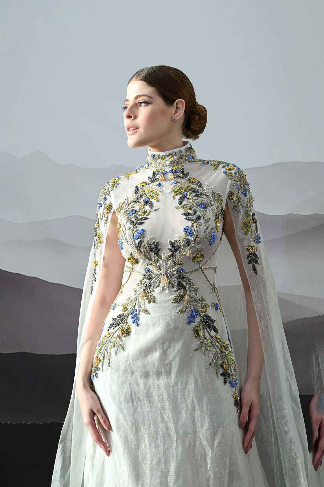 Ivory Gown With Hand-Embroidered Florals And Ethereal Overlay