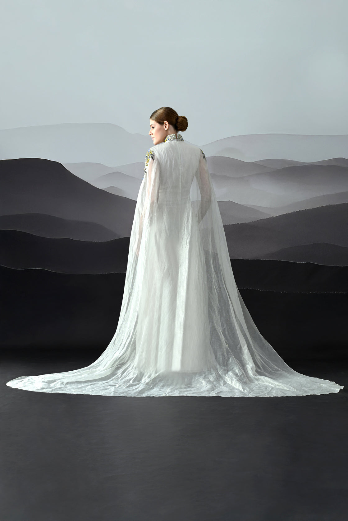 Ivory Gown with Hand-Embroidered Florals and Ethereal Overlay