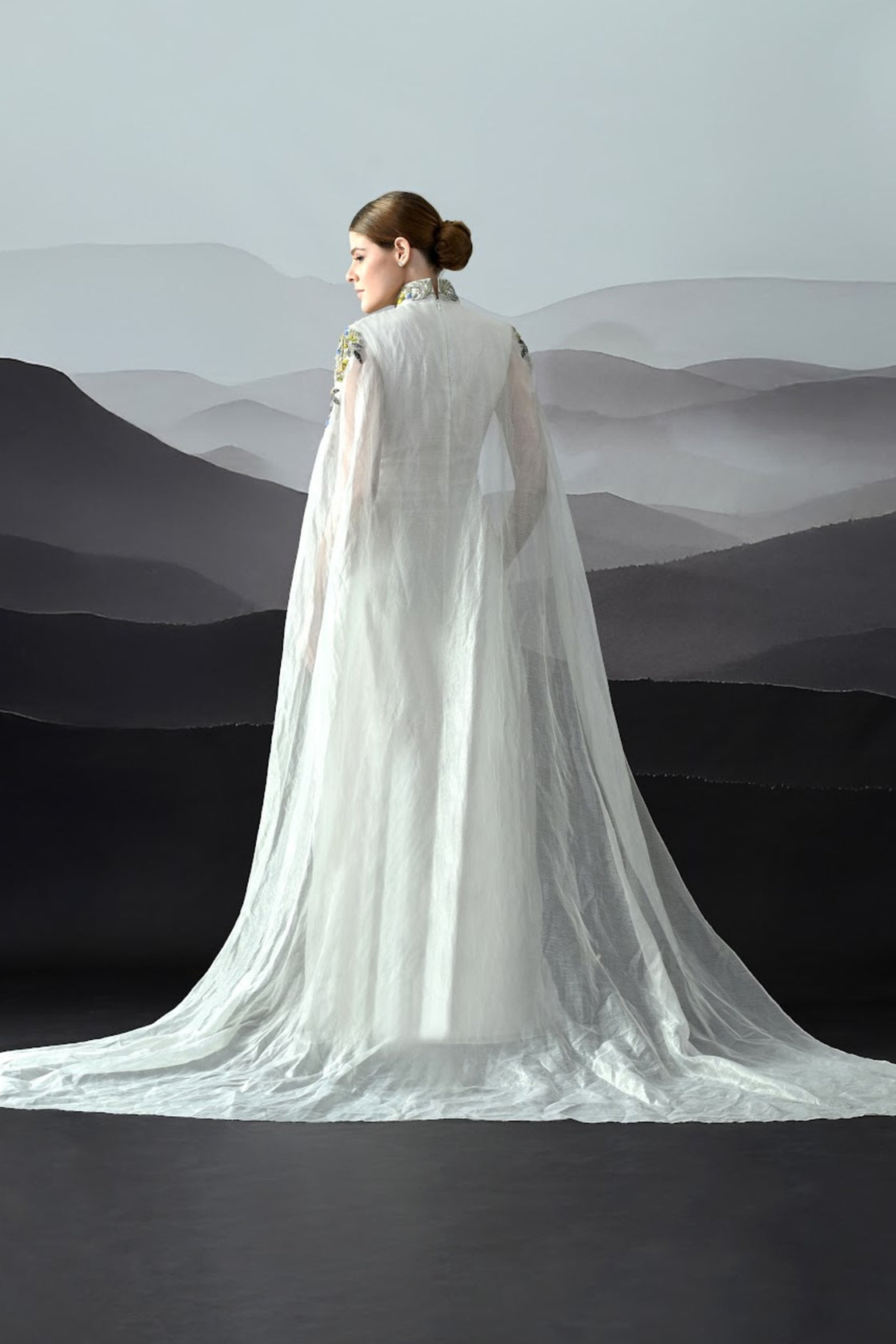 Ivory Gown With Hand-Embroidered Florals And Ethereal Overlay