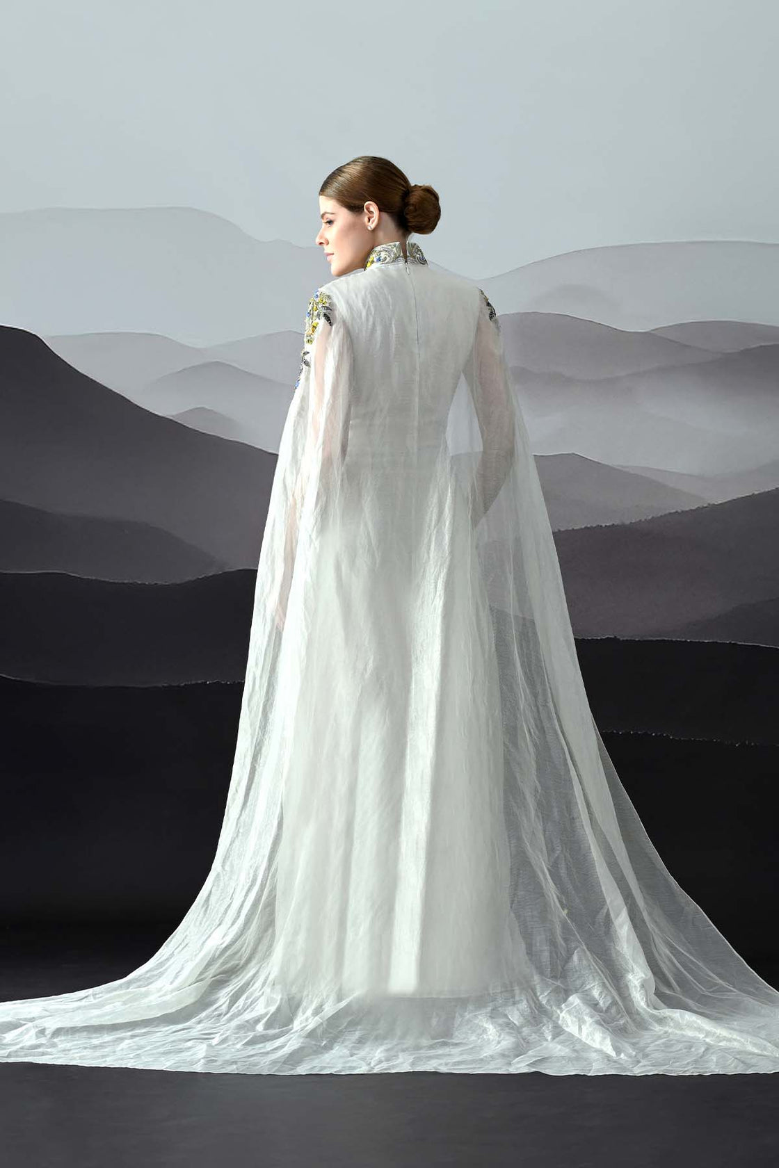 Ivory Gown With Hand-Embroidered Florals And Ethereal Overlay