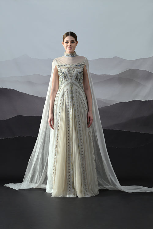 Ivory High Neck Gown with Handworked Panelled Embroidery