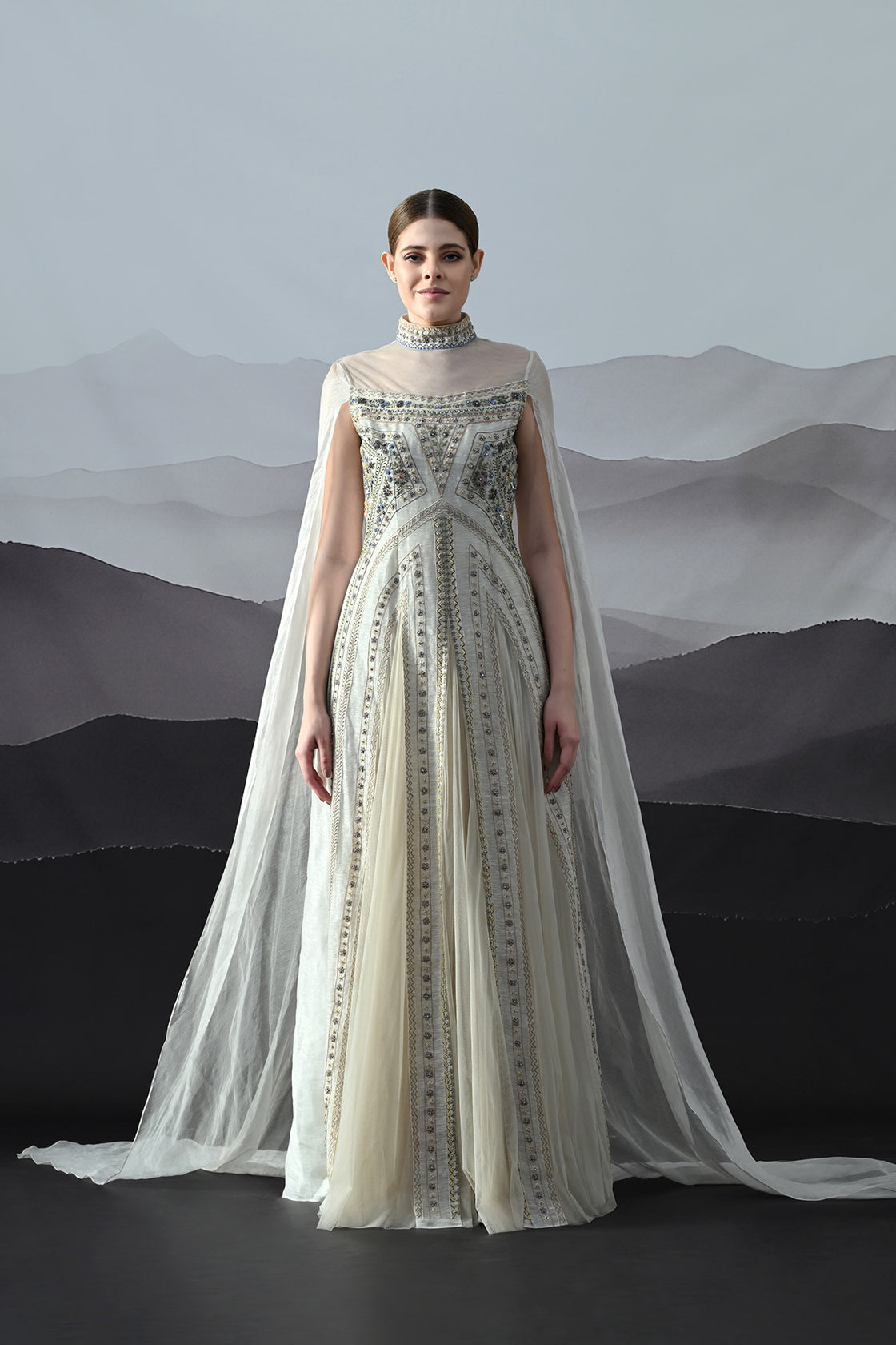 Ivory High Neck Gown With Handworked Panelled Embroidery