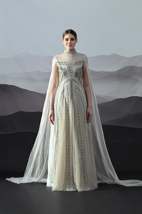 Ivory High Neck Gown With Handworked Panelled Embroidery
